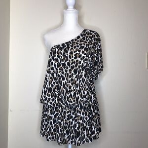 Lane Bryant Top off shoulder one sleeve womens size 16 animal print gather waist